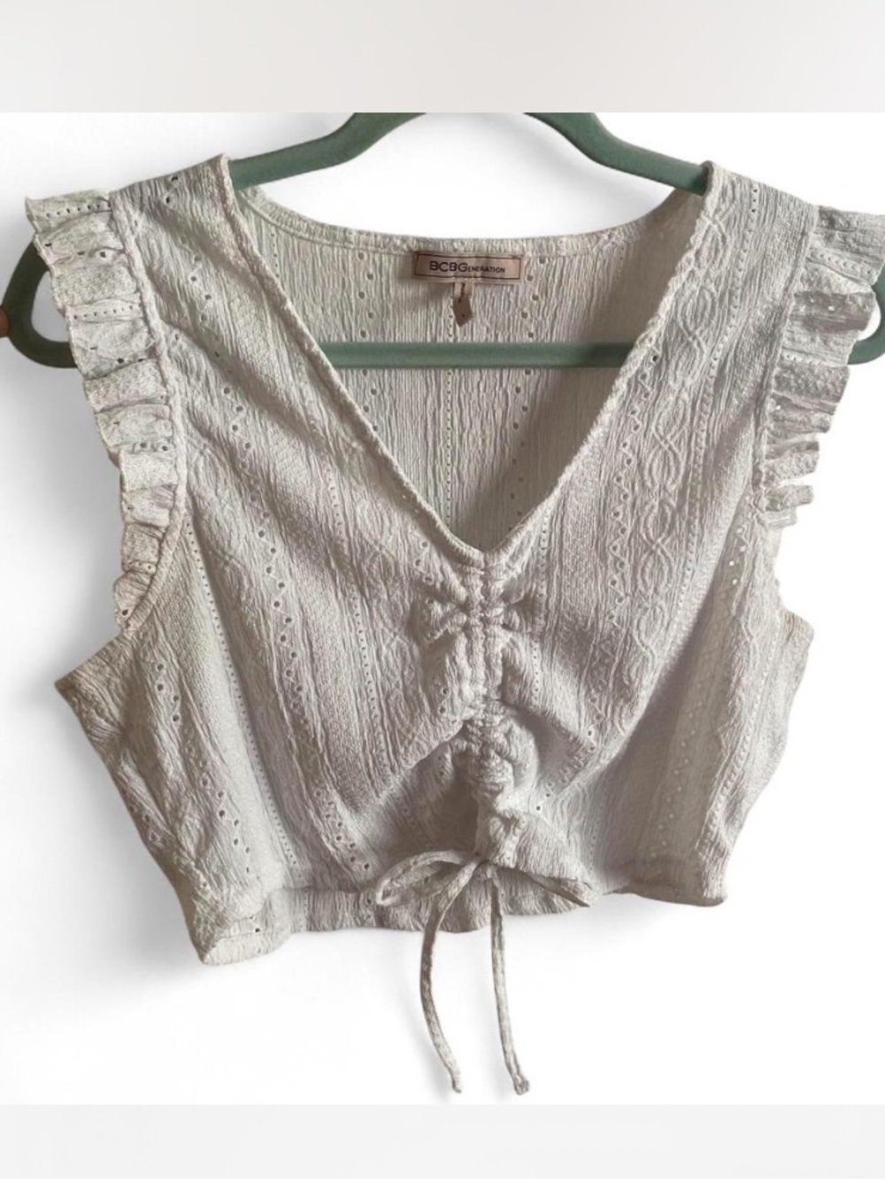 BCBGeneration White Eyelet Ruched Tie-Front Cropped Top